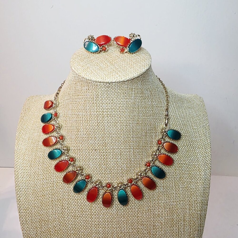 Vtg Pakula Green Orange Tones Thermoset Lucite Necklace and Clip-On Earrings Set
